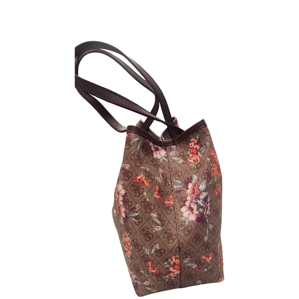 Guess Vikky floral Monogram‎ Tote Bag Brown Rose Print FL699523 11x13x6